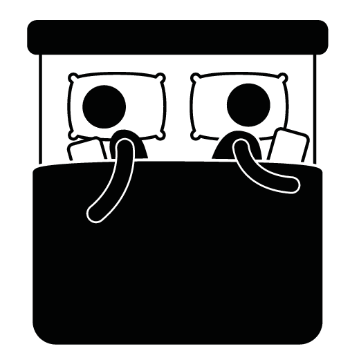 Due persone a letto, ciascuna con in mano un tablet. Illustrazione in bianco e nero.