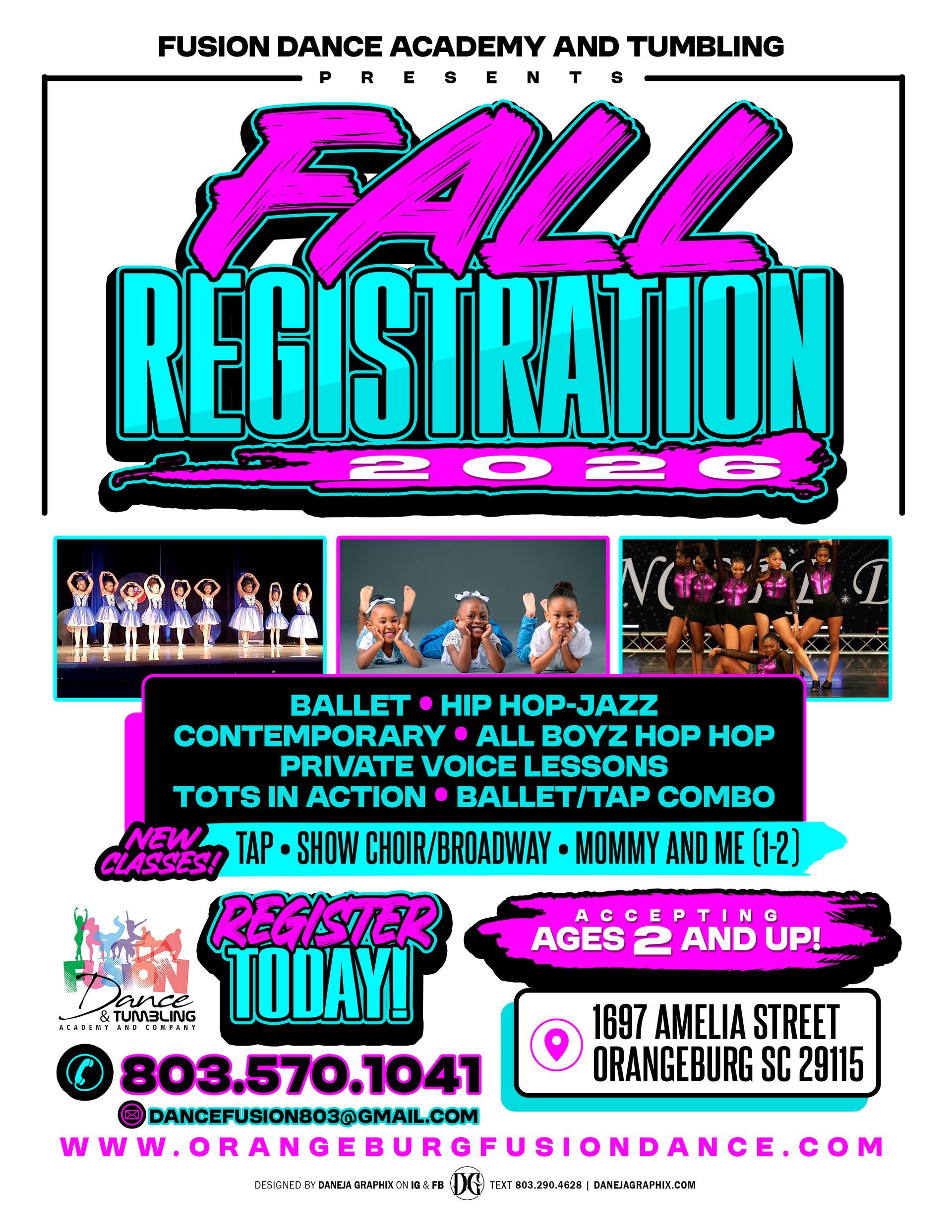 A poster for a fall registration for a dance company.