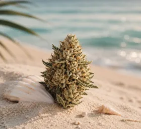 Cannabis bud on sandy beach with ocean waves in the background