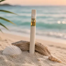 Image of cannabis vape pen on sandy beach with ocean water in background