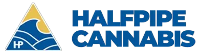 Halfpipe Cannabis logo with blue text and a triangular blue-and-gold emblem