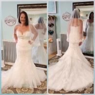 Front and back views of a person in a white, strapless, mermaid-style wedding dress with a floor-length veil.