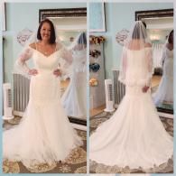 A side-by-side view of a person wearing a white, off-the-shoulder, lace wedding gown with a veil in a bridal shop.