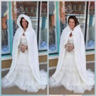 A split image showing a person in a white wedding gown and fur cape, with the hood up on the left and down on the right.