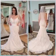 A person tries on a white, lace-detailed wedding dress with a train and veil in a bridal shop, shown from front and back.