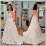 A two-view photo shows a person in a white V-neck, floor-length wedding gown with a full skirt in a bridal boutique.