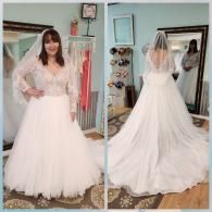 A split-view image showing the front and back of a white long-sleeved, lace-bodice wedding dress with a full tulle skirt.