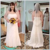 A person in a white wedding dress and veil stands in a bridal shop, shown from the front holding flowers and from the back.