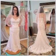 A person wearing a white, floor-length wedding dress with a veil, shown from the front and back in a bridal shop.