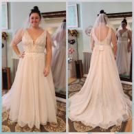 A person wearing a white V-neck wedding dress with a tulle skirt and veil, viewed from the front and back in a bridal shop.