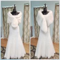 A white wedding dress on a mannequin, styled with two different white faux fur wraps in a side-by-side comparison.