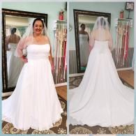 A split image showing a person in a floor-length strapless white wedding dress from the front and the back in a shop.