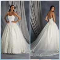 A white strapless ballgown wedding dress with a full tulle skirt shown from the front and back against a gray curtain.
