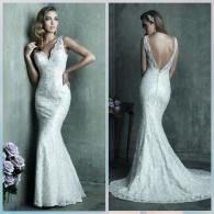 A split view of a sleeveless white lace mermaid wedding dress with a deep V-neck in front and a low back.