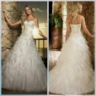 A collage showing front and back views of a white, strapless, floor-length wedding dress with a ruffled, tiered skirt.