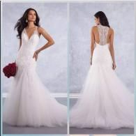 A white, sleeveless, mermaid-style wedding gown featuring a deep V-neckline, intricate lace bodice, and lace back panel.