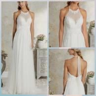 A three-part collage shows a model wearing a sleeveless, white, A-line gown with a sheer halter neckline and open back.
