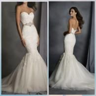 A collage showing front and back views of a white, strapless, mermaid-style wedding dress with a beaded waist.