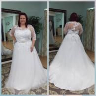 A side-by-side view of a person wearing a white, floor-length lace wedding dress with long sleeves in a bridal shop.