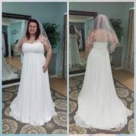 A person wearing a white, strapless, A-line wedding dress with a veil, shown from the front and back in a bridal boutique.