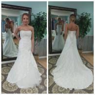Two views of a person in a strapless, white, floor-length lace wedding dress with a train, standing in a bridal boutique.