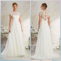 A white A-line wedding dress with a lace bodice, cap sleeves, and a cutout back design, shown from the front and back.