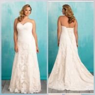 Front and back view of a strapless, ivory A-line wedding dress with floral lace detailing against a blue background.