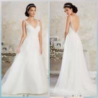 Front and back views of a white, sleeveless A-line wedding dress with a V-neck and an open back in a studio setting.