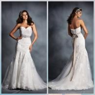 A person models a strapless white lace mermaid-style wedding dress with a long sash, shown from front and back views.