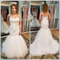A split view shows a bride from the front and back wearing a white, strapless, mermaid-style wedding dress in a boutique.