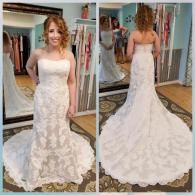 A split-view showing the front and back of a white strapless, lace-overlay bridal gown in a dress shop.