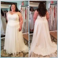 A split-screen view of a person modeling a strapless white A-line wedding dress, shown from the front and back.