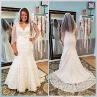 A bride poses in a white, lace mermaid-style wedding dress and a floor-length veil, shown from the front and back.