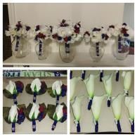 A collage showing white and deep red wedding bouquets in vases, rose boutonnieres, and white calla lily boutonnieres.