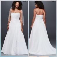 Front and back view of a strapless white wedding dress with a sweetheart neckline and A-line skirt on a gray background.