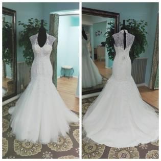 Two views of a white, sleeveless, mermaid-style wedding dress with a lace bodice and illusion neckline on a mannequin.