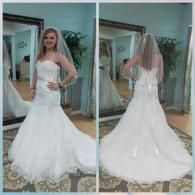 A two-part photo showing front and back views of a bride in a strapless, white, floor-length lace gown and veil.