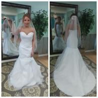A side-by-side view of a person in a strapless, white, floor-length mermaid wedding dress with a veil in a bridal shop.