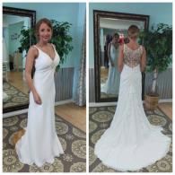 A two-panel view of a bride wearing a white, V-neck, floor-length wedding dress with a beaded back and a small train.