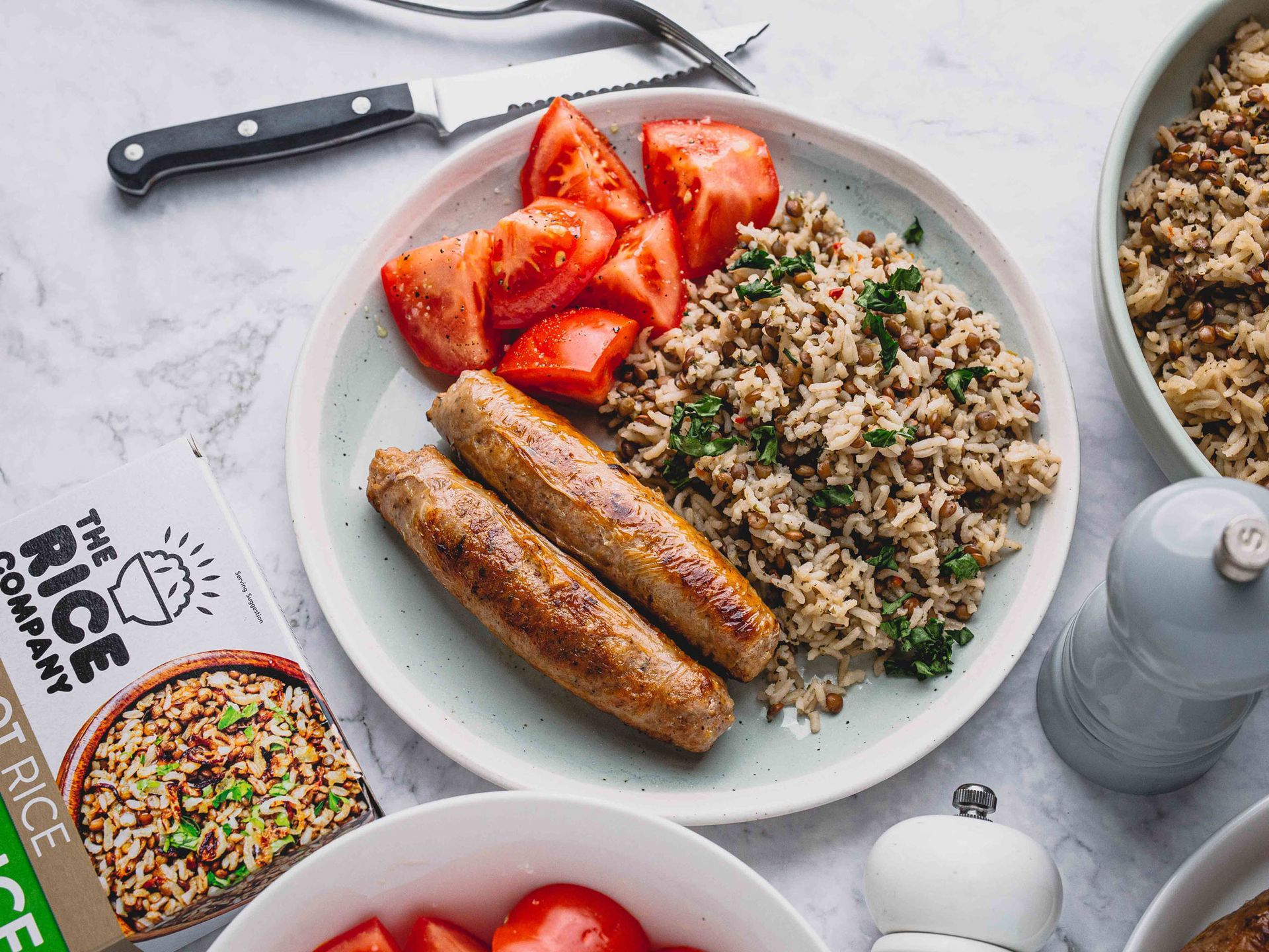 Sausages with Tomato Olive Oil Salad and One Pot Rice with Lentils & Italian Herbs