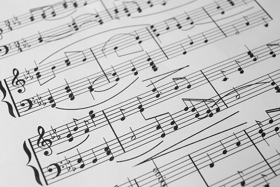 Sheet music with treble and bass clefs, notes, and musical symbols.