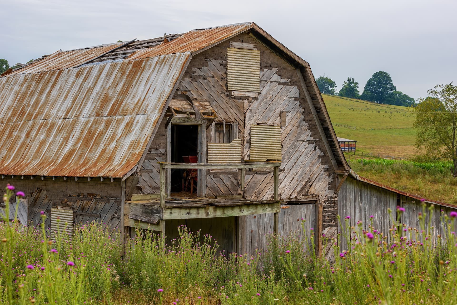 Weathered barn with rusty roof, boarded-up sections, open doorway. Green field and cloudy sky in background.