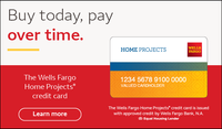 Wells Fargo Home Projects credit card ad on red background with “Buy today, pay over time” and learn more button