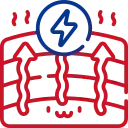 Red panel with face-like features, steam, and arrows. Electricity symbol above.