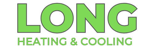 Logo for Long Heating and Cooling, a geothermal heat pump company. Features blue and red text.