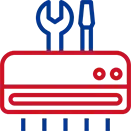 Red and white air conditioner with blue wrench and screwdriver, for repair.