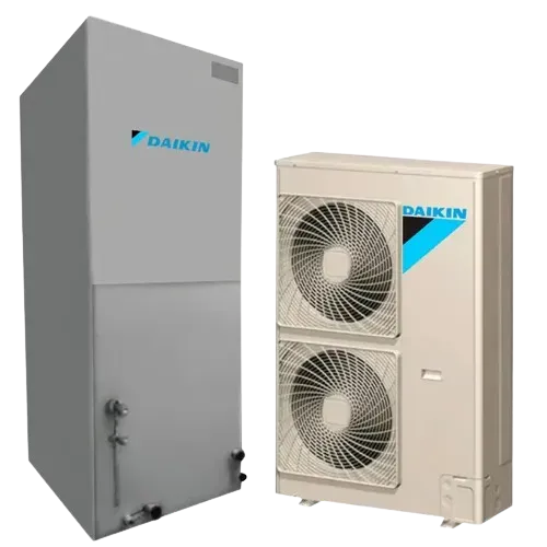 Daikin heat pump system: tall indoor unit, outdoor unit with two fans. White and grey.