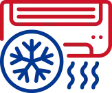 Red and blue air conditioner with snowflake, blowing cool air.