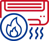 Red and blue icon: an air conditioner with flames inside a circle and cool air emanating.