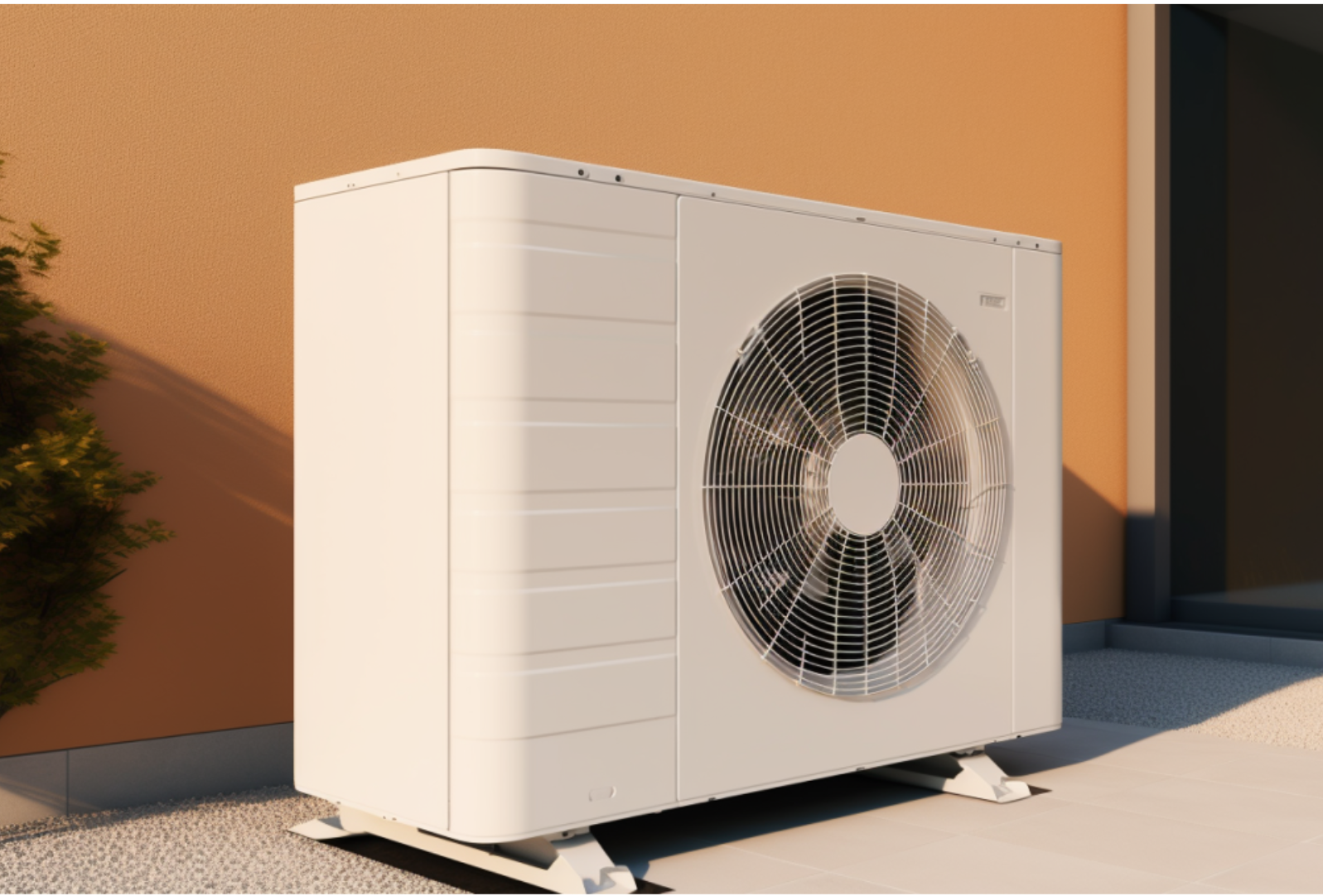 White heat pump unit outdoors, on a beige wall, sunlight.
